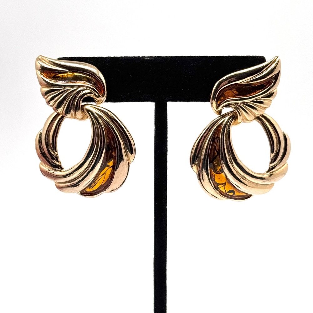 Vintage Gold Tone Enameled Swirl Hoop Door Knocker Earrings